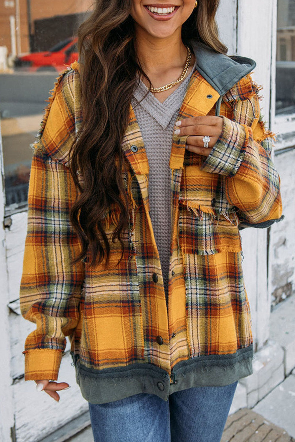 Krohn-e | Karierte Jacke mit Kapuze und Rohen Kanten Baumwolle Lässig und Trendy