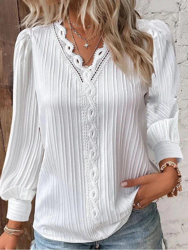 KROHN-E Damen Bluse Chiffon Spitzendetails Puffärmel Vintage