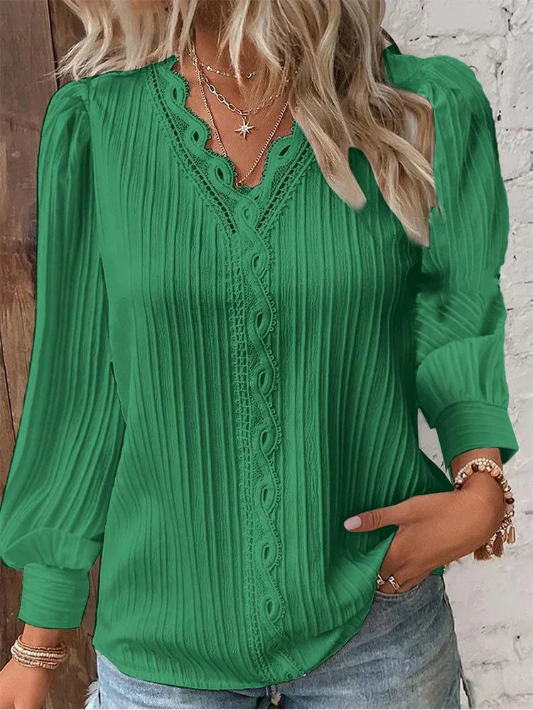 KROHN-E Damen Bluse Chiffon Spitzendetails Puffärmel Vintage