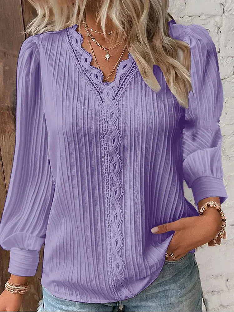 KROHN-E Damen Bluse Chiffon Spitzendetails Puffärmel Vintage