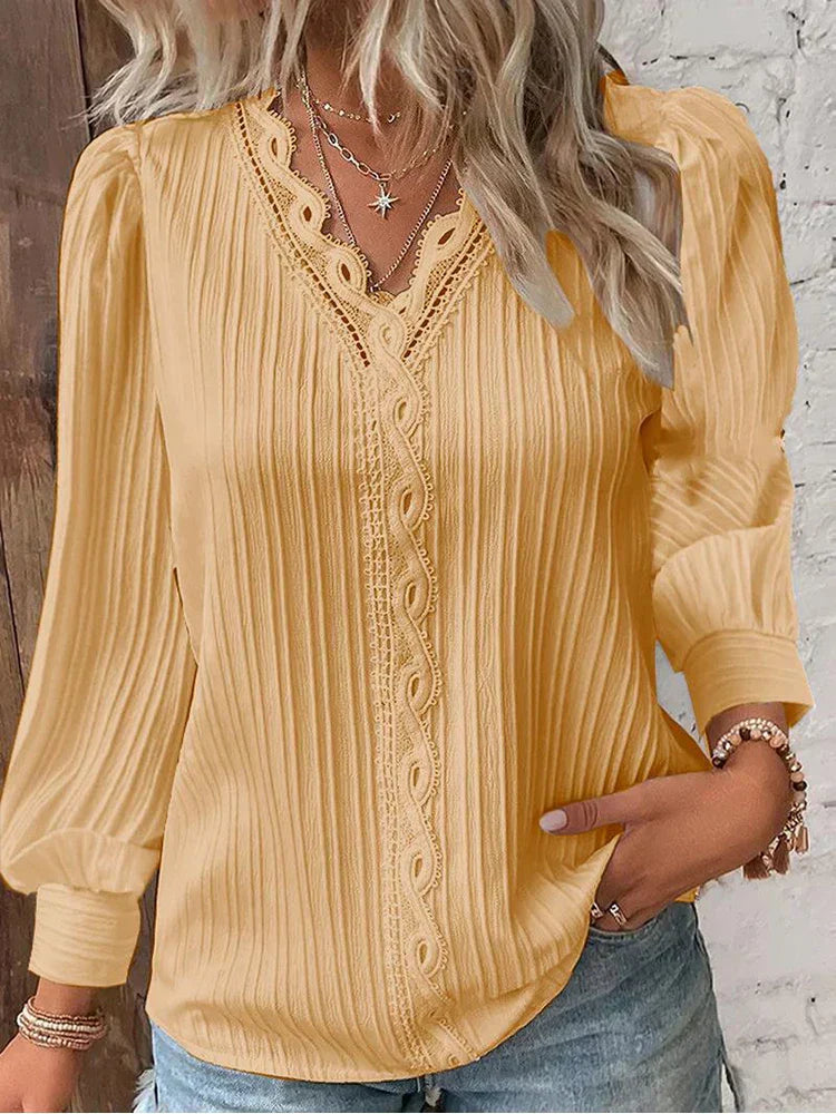 KROHN-E Damen Bluse Chiffon Spitzendetails Puffärmel Vintage
