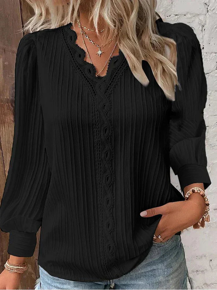 KROHN-E Damen Bluse Chiffon Spitzendetails Puffärmel Vintage