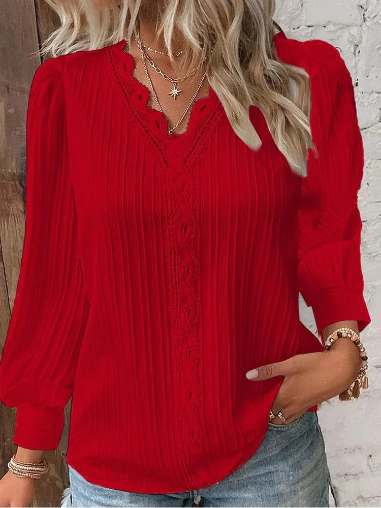 KROHN-E Damen Bluse Chiffon Spitzendetails Puffärmel Vintage