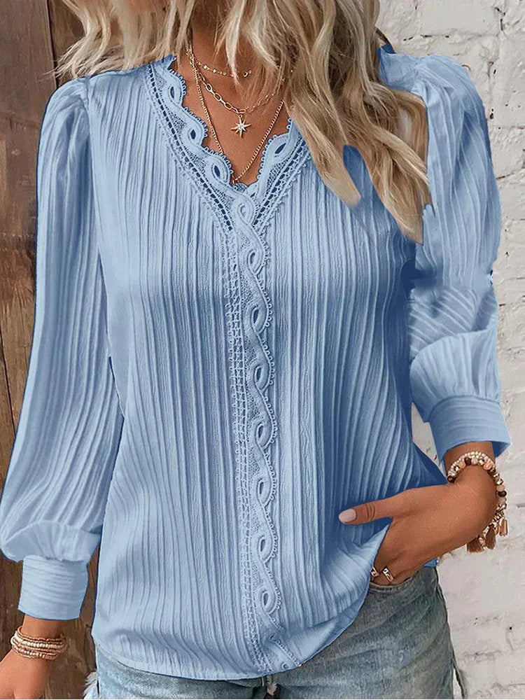 KROHN-E Damen Bluse Chiffon Spitzendetails Puffärmel Vintage