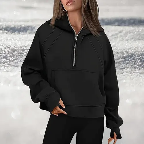 Damen Kapuzenpullover mit großem Schnitt, halbem Reißverschluss und Kängurutasche
