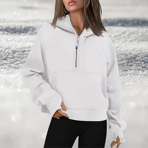 Damen Kapuzenpullover mit großem Schnitt, halbem Reißverschluss und Kängurutasche