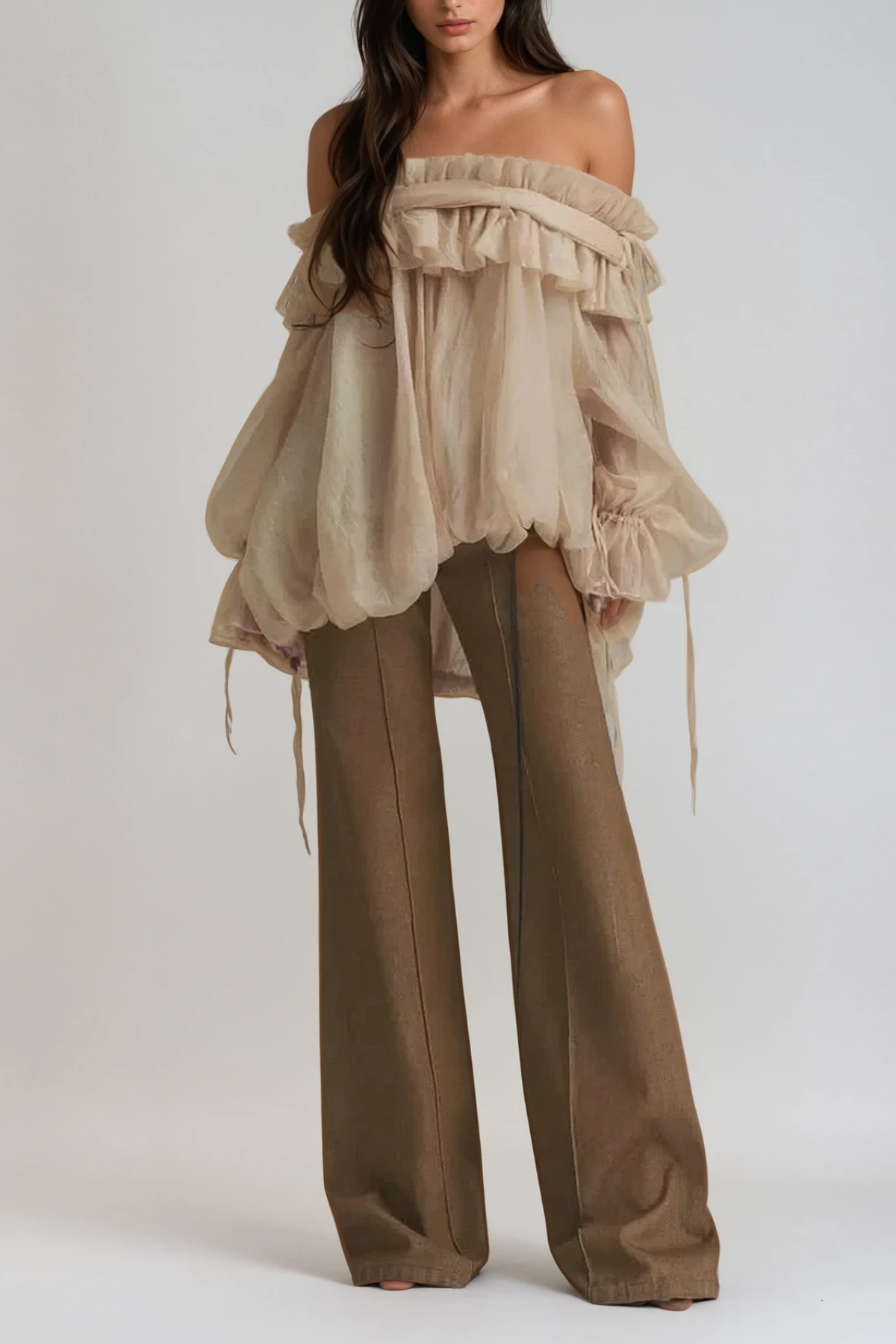 Fudus Off-the-Shoulder Mesh Ruffled Shirt