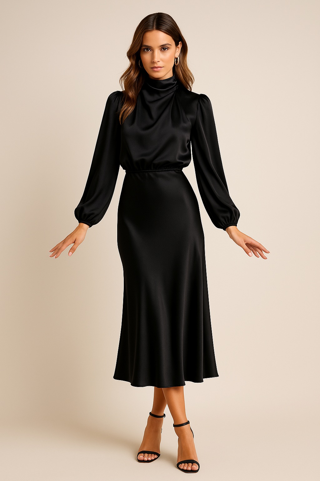 Sofia | Damen Satin Midi Kleid Stehkragen Ballonärmel Elegant