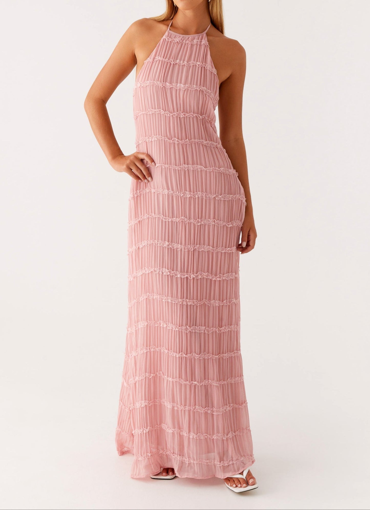 KROHN-E Damen Maxi-Kleid Neckholder Fließend Verstellbar Rosa