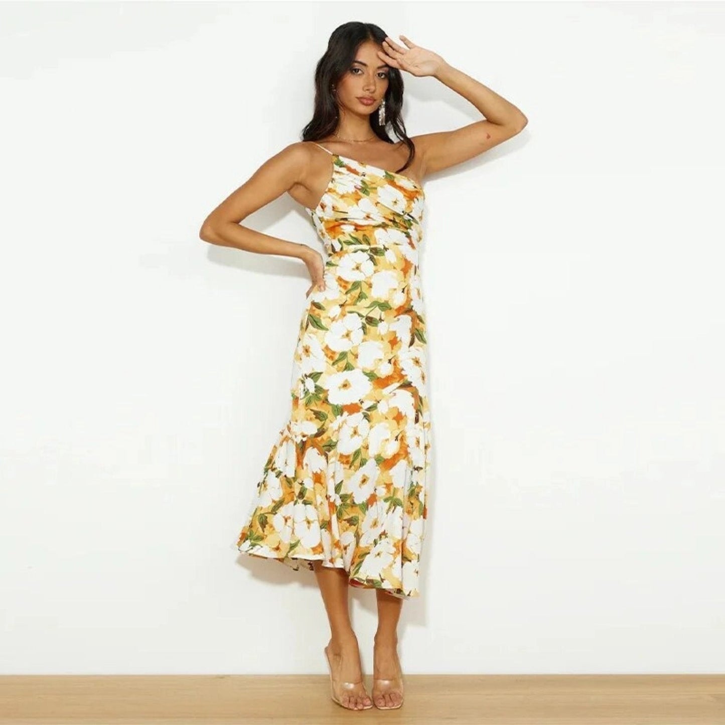 KROHN-E Damen Maxikleid One-Shoulder Blumenmuster Asymmetrisch