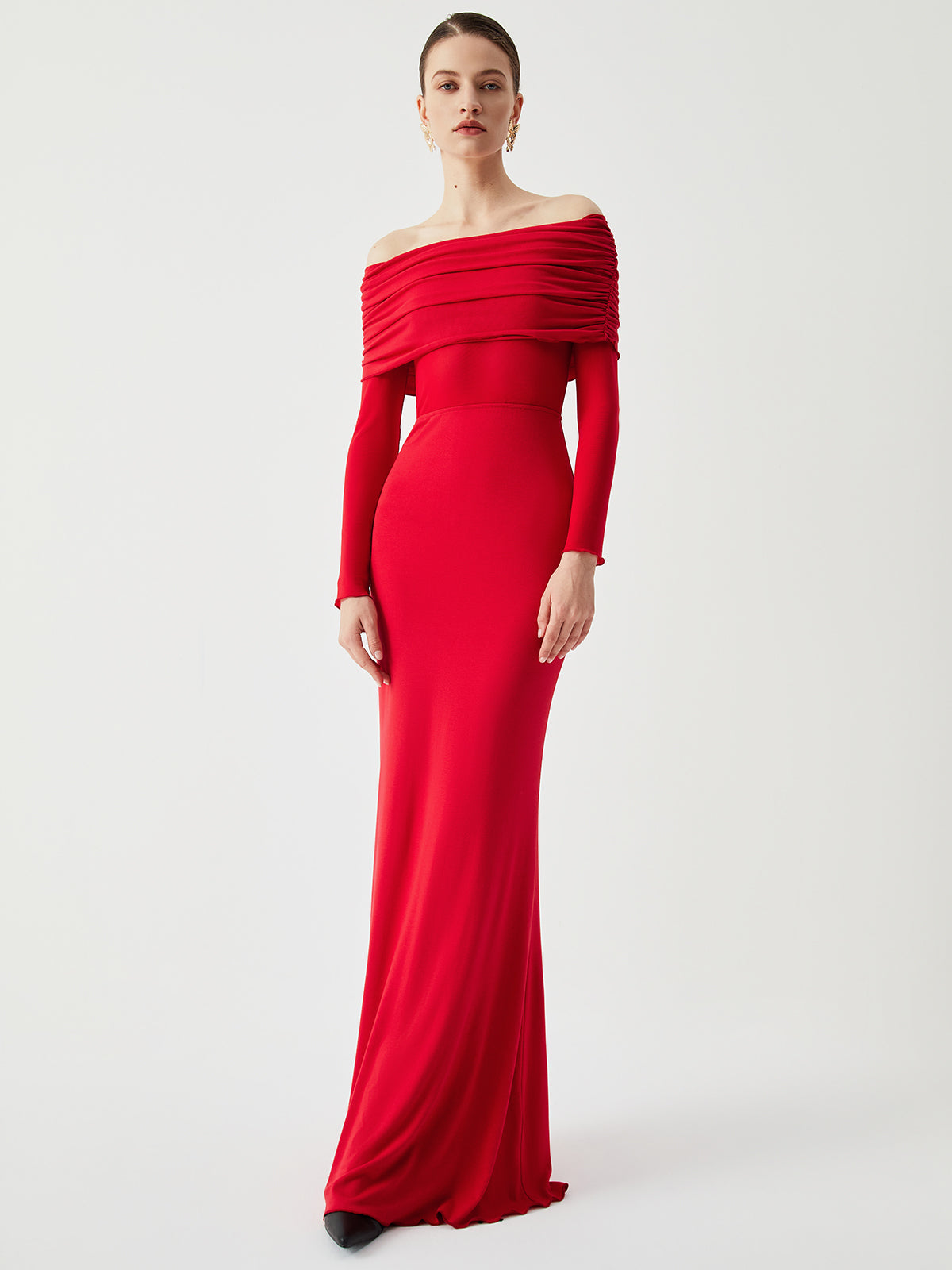 Fudus Damen Langarm-Maxikleid mit Off-Shoulder-Ausschnitt und Mesh-Einsatz