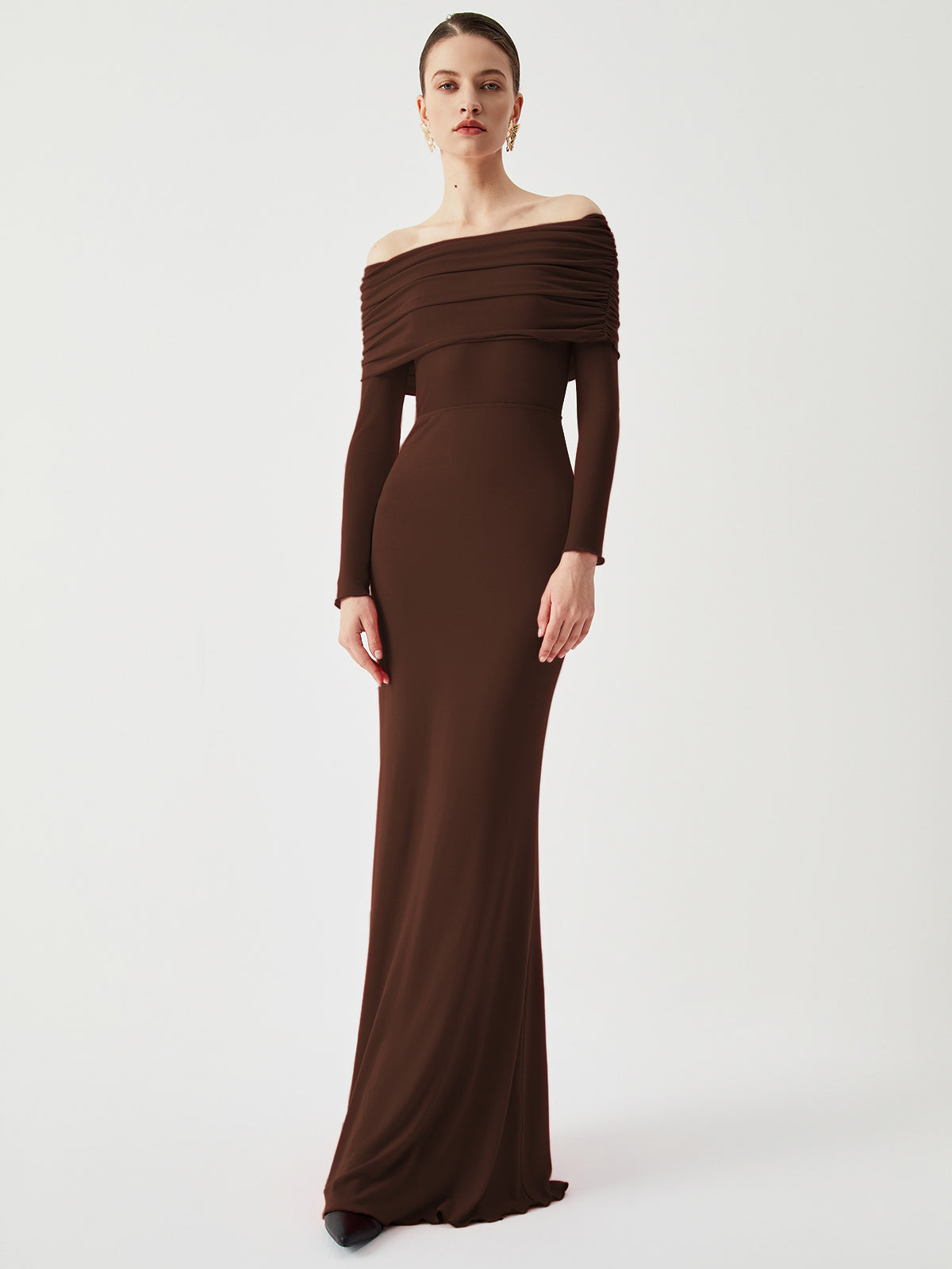 Fudus Damen Langarm-Maxikleid mit Off-Shoulder-Ausschnitt und Mesh-Einsatz