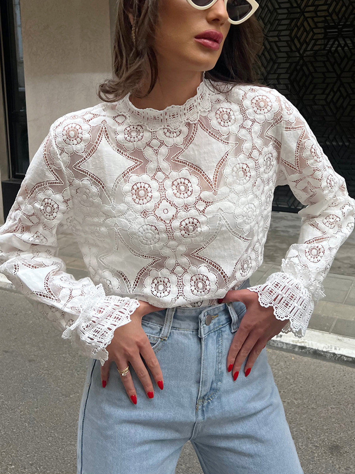 Fudus | Semi-Sheer Lace Flower Embroidered Low-Cut T-Shirt