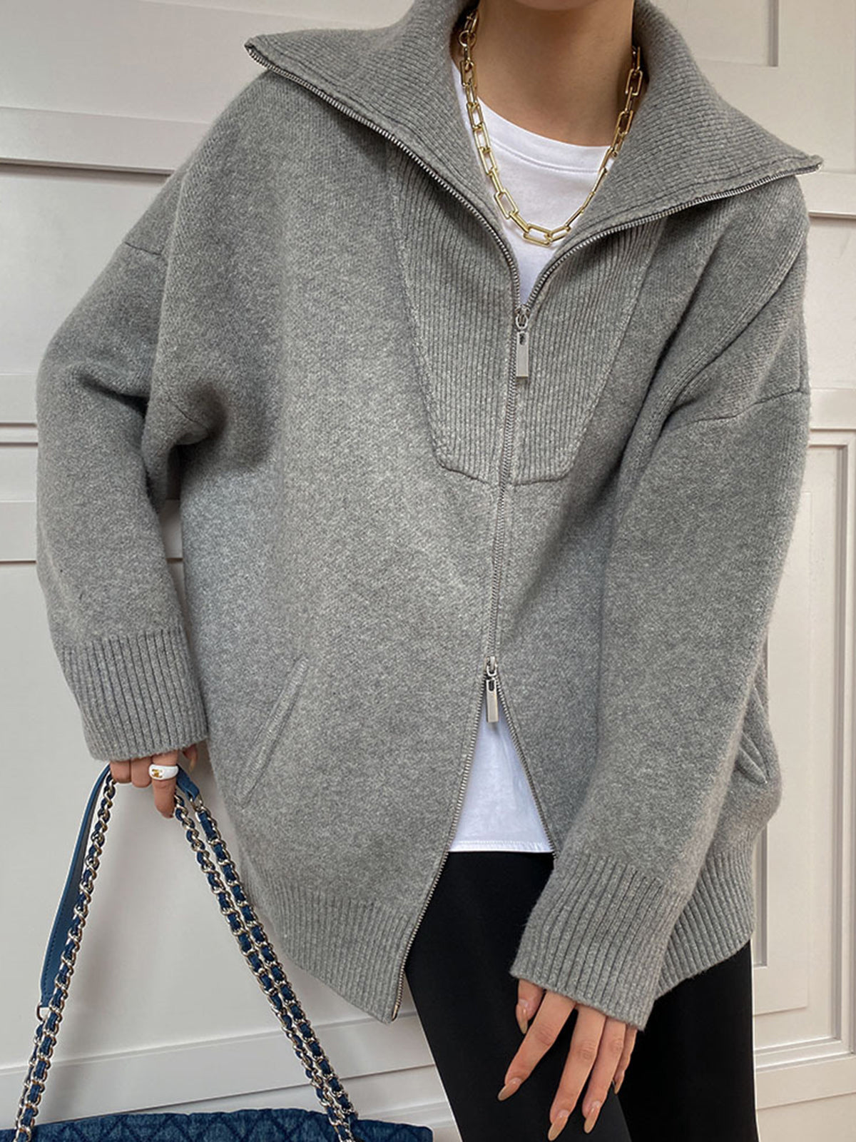 Krohn-e | Oversized Strickjacke mit Reißverschluss Weich und Warm Lässige Eleganz
