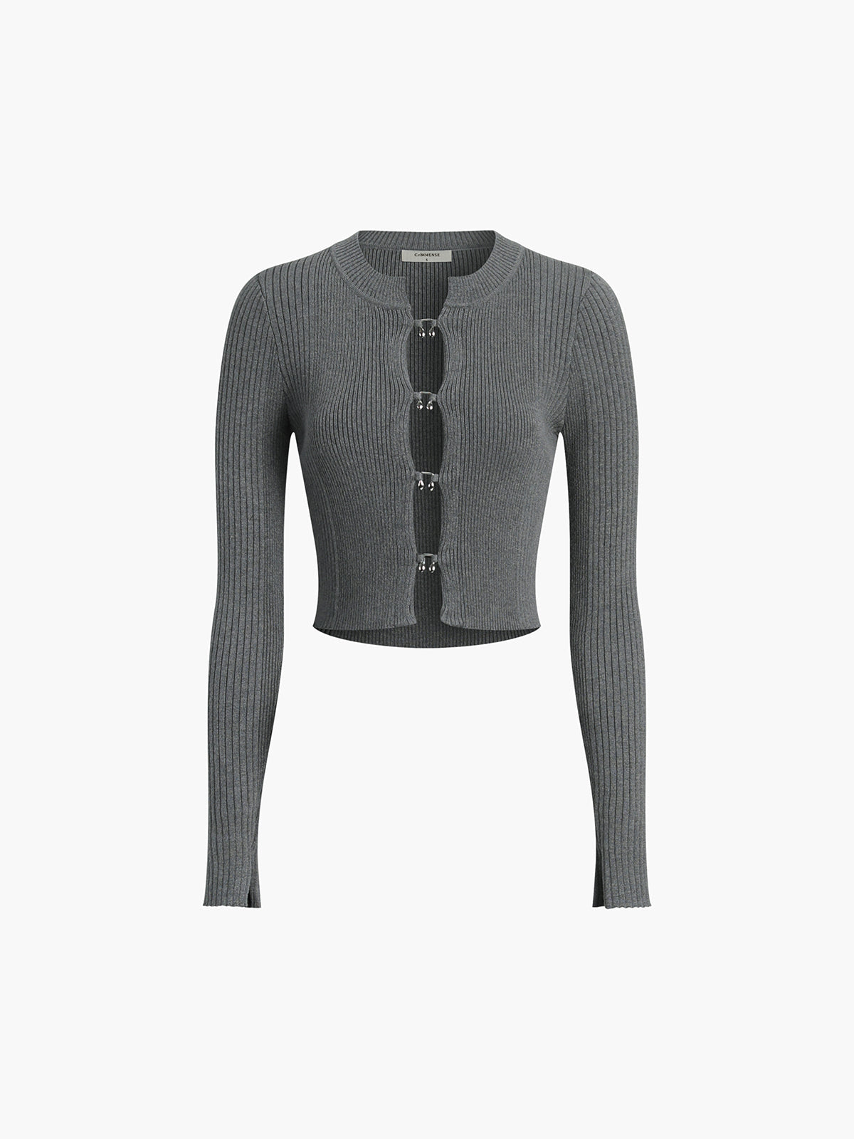 Rippstrick Oberteil mit V-Ausschnitt, Perlendetail und Splitt