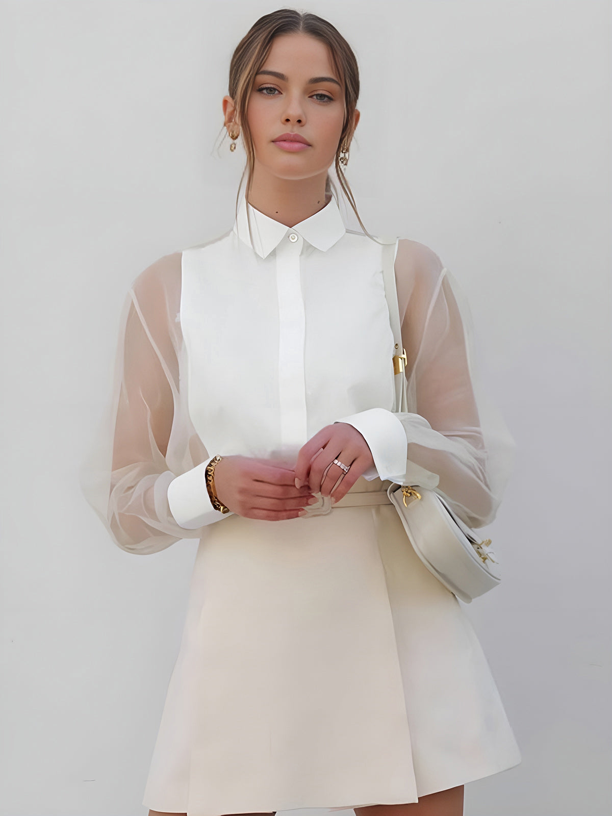 Organza Blouse with Semi-Transparent Puff Sleeves by Fudus