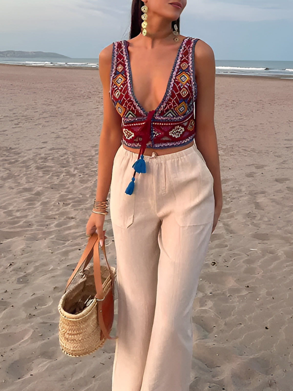 Fudus Boho Stickerei Knoten Oberteil