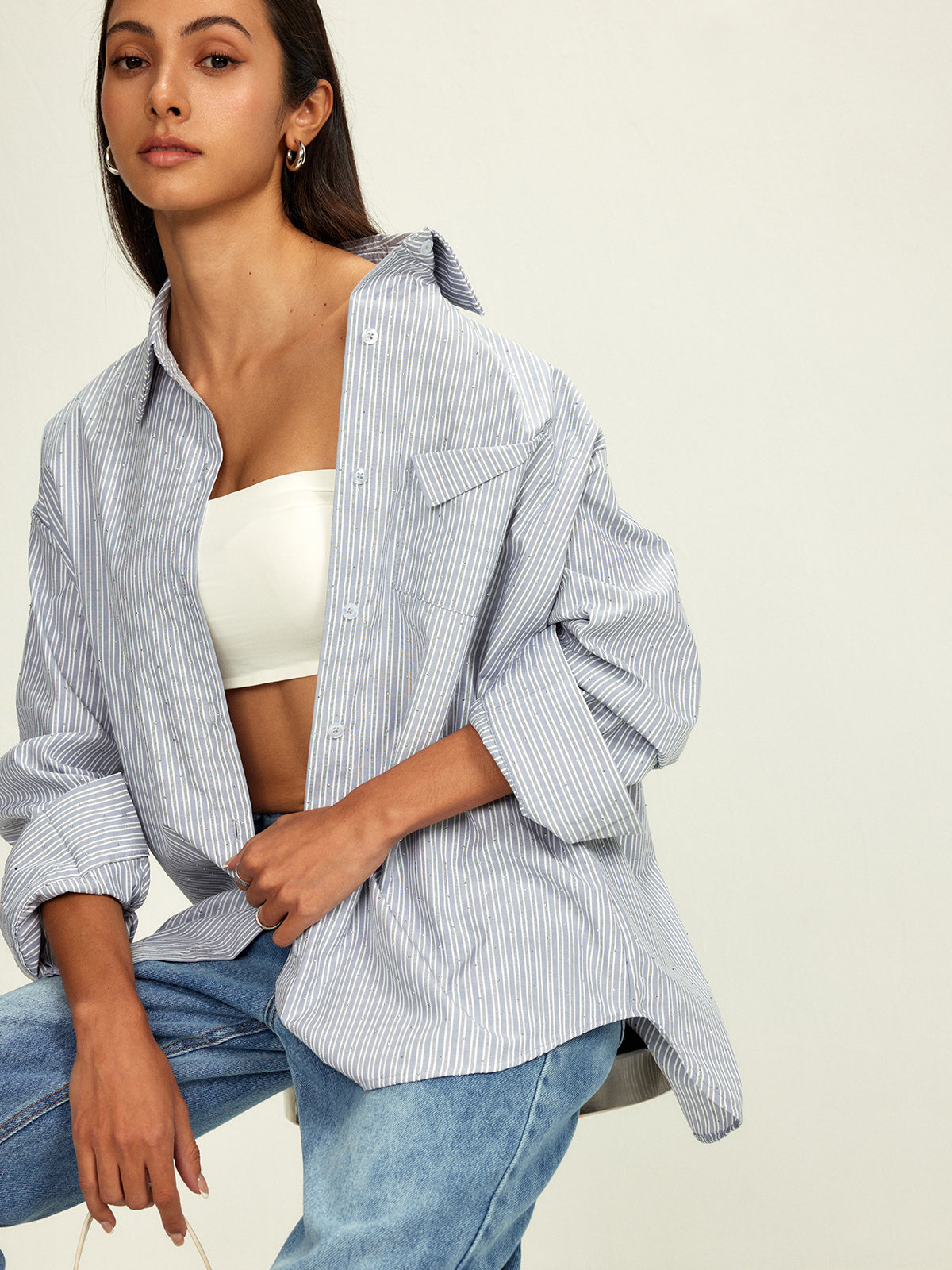 Fudus Shirt with Rhinestone Dot Pinstripes and Pocket