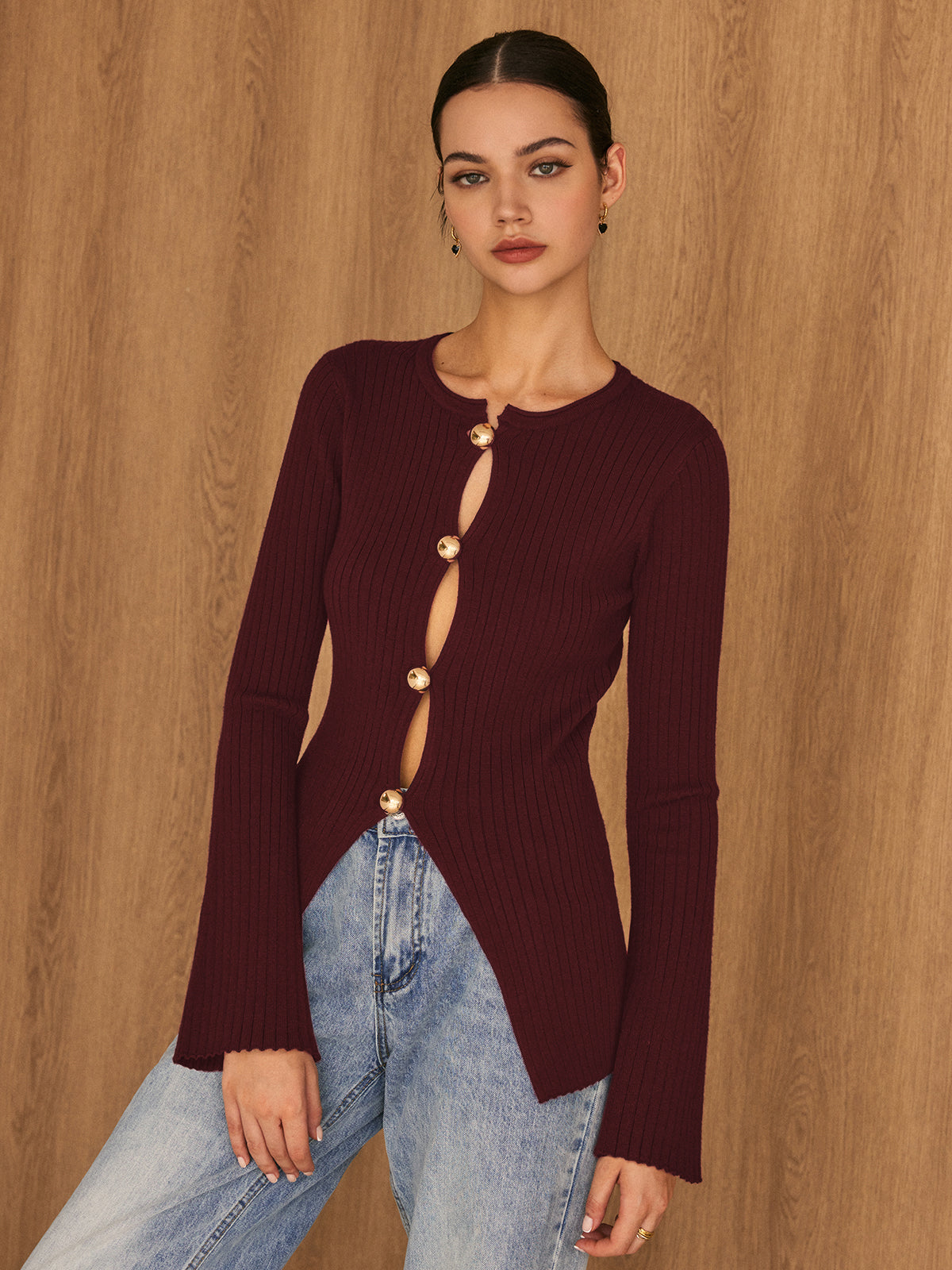 Fudus Knitted Top with Gold Button Detail