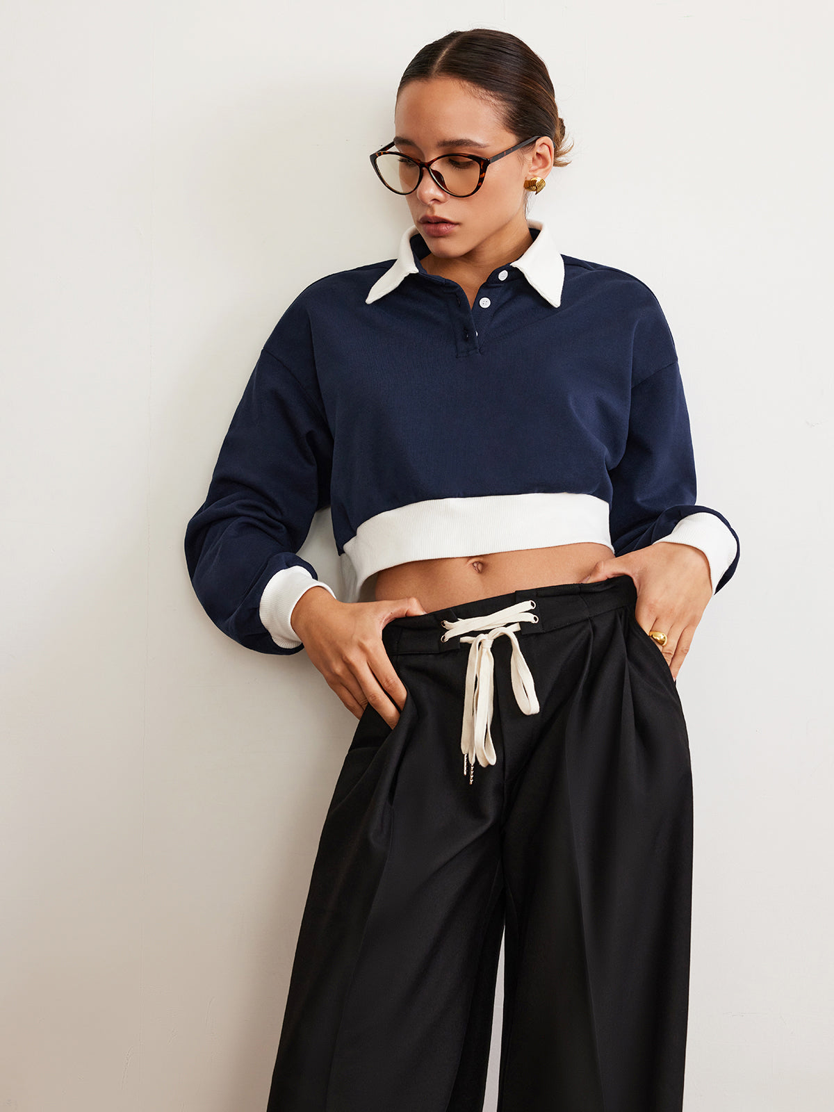 Fudus Patchwork Polo Cropped Sweatshirt