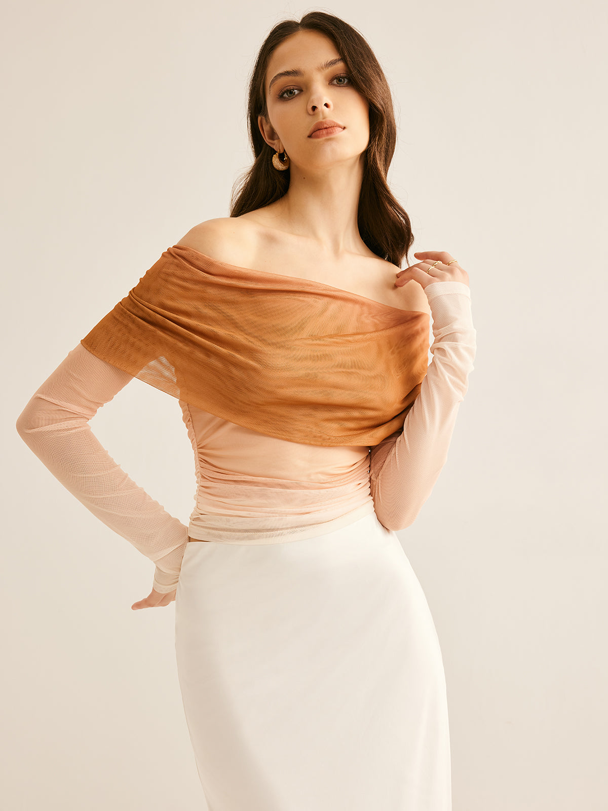 Fudus Semi-Transparent Off-the-Shoulder Gradient Mesh Blouse
