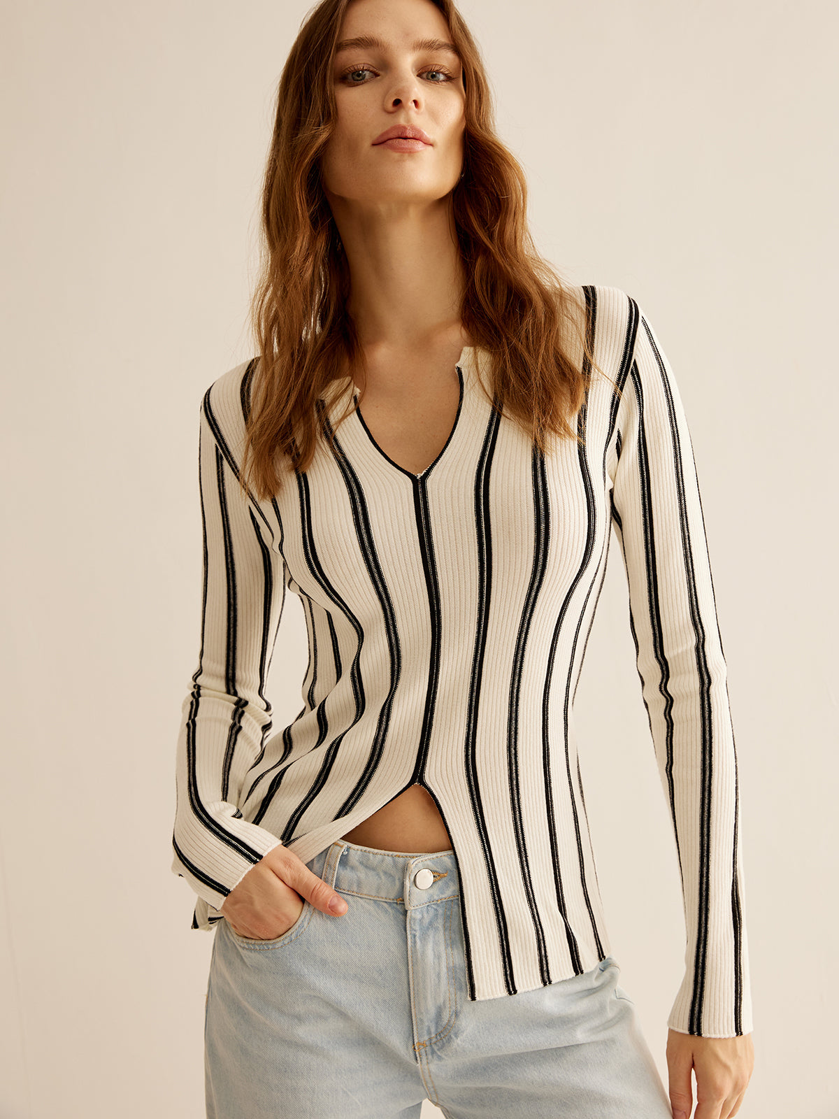 Slim-Fit Knit Top with Split Pinstripes by Fudus