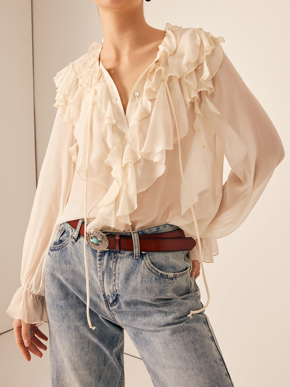 Fudus Semi-Sheer Ruffled Chiffon Blouse