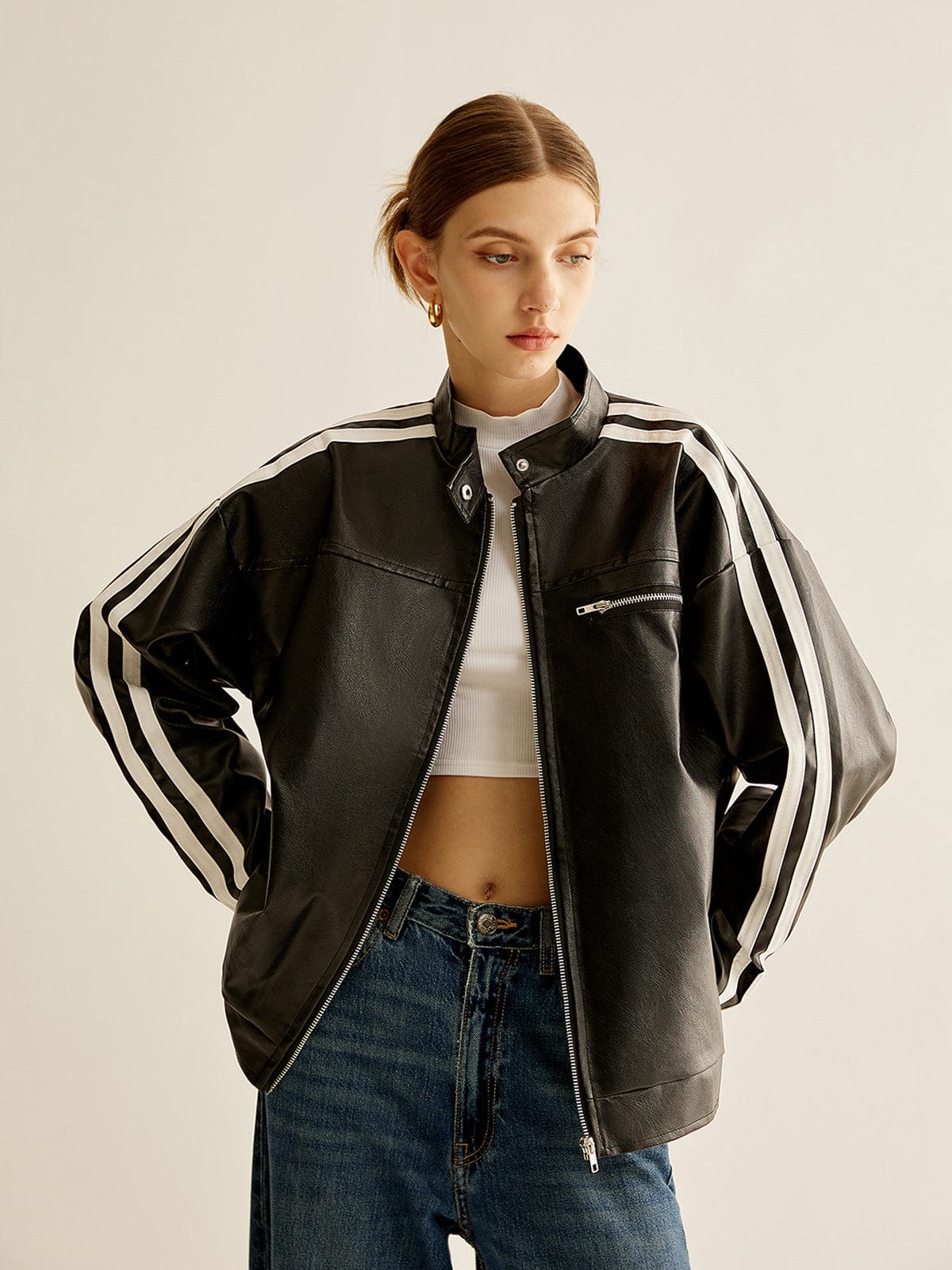 Krohn-e | Schwarze Lederjacke mit Kontraststreifen