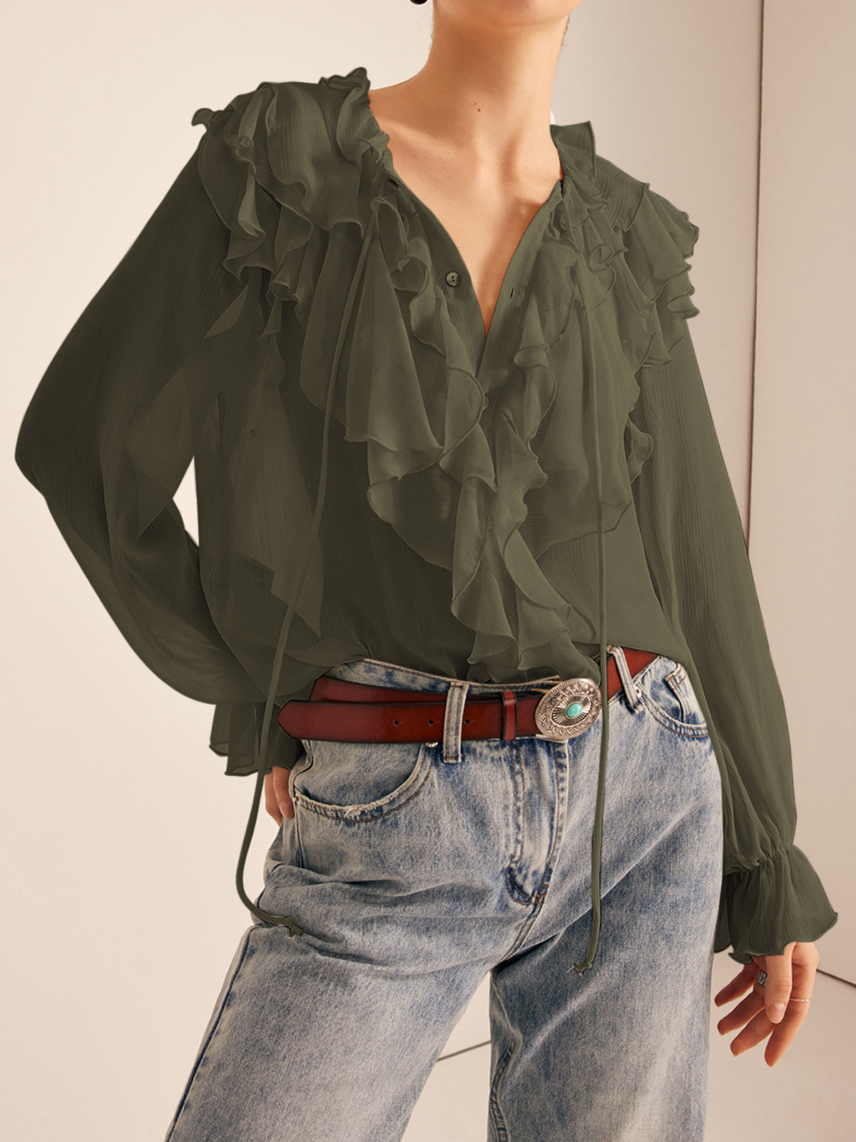 Fudus Semi-Sheer Ruffled Chiffon Blouse