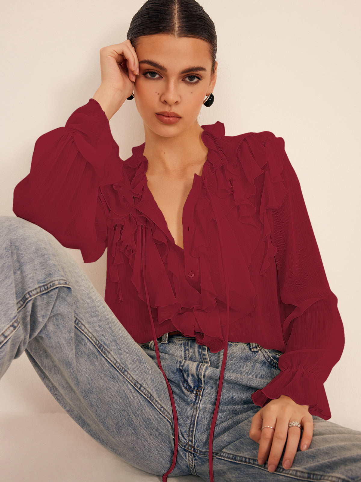 Fudus Semi-Sheer Ruffled Chiffon Blouse