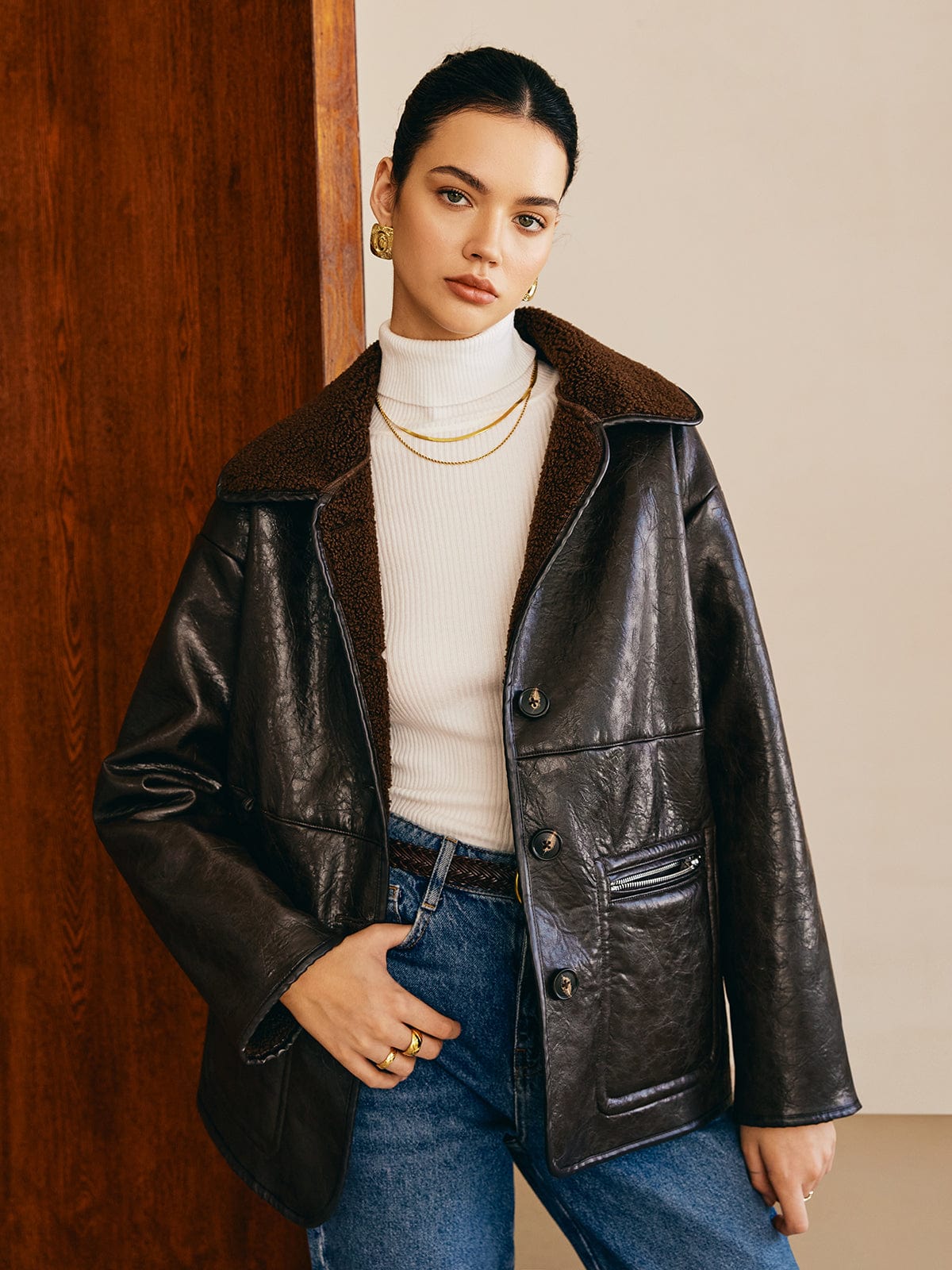 Krohn-e | Schwarze Lederjacke mit Teddy Futter