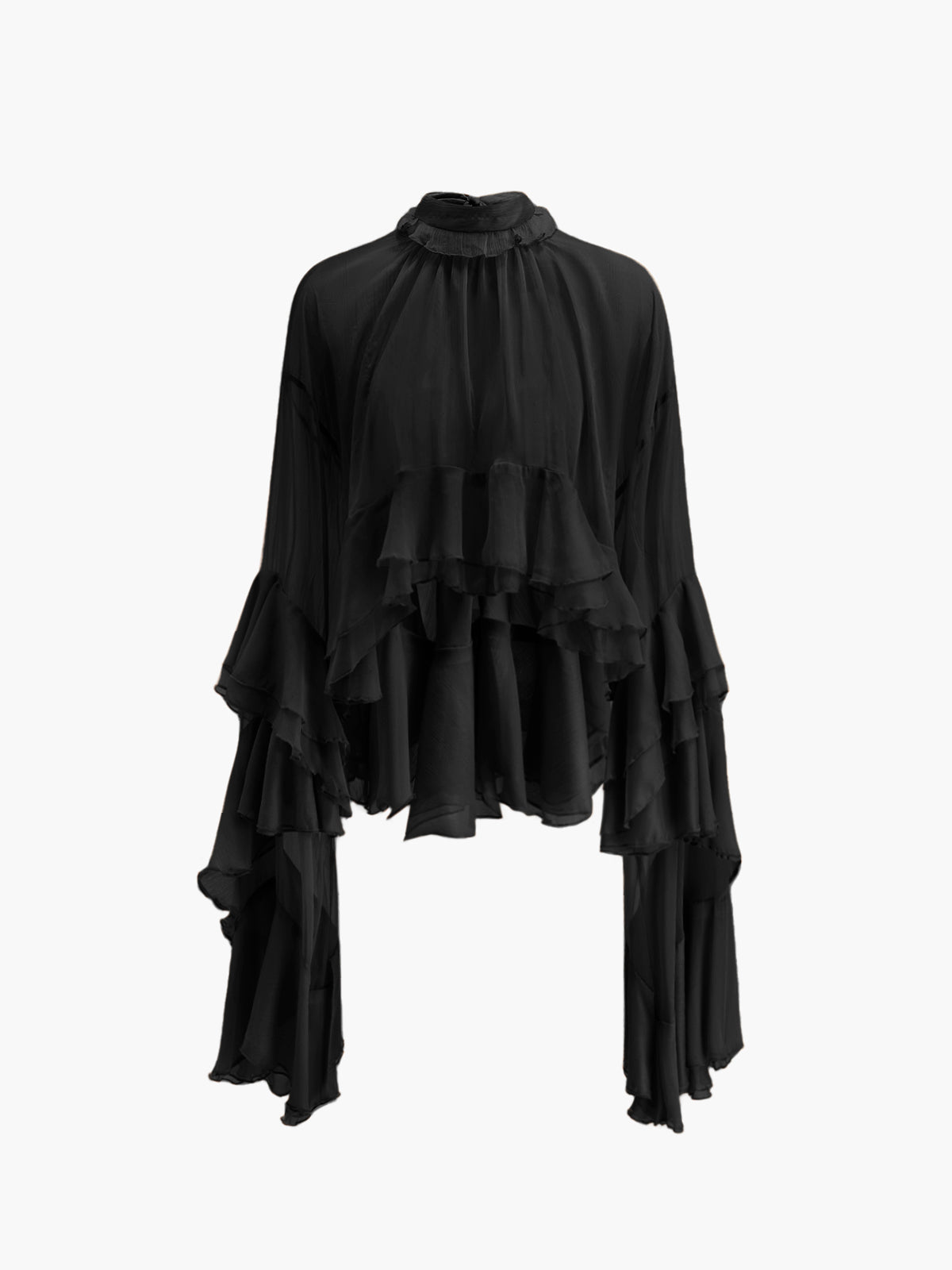 Chiffon Bluse mit durchsichtigem Rollkragen und Rüschen von Fudus