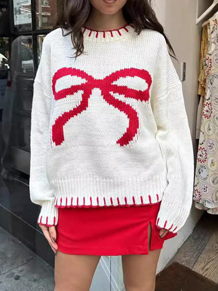 Krohn-e | Strickpullover mit Schleifenmotiv Lässige Passform Süß und Bequem