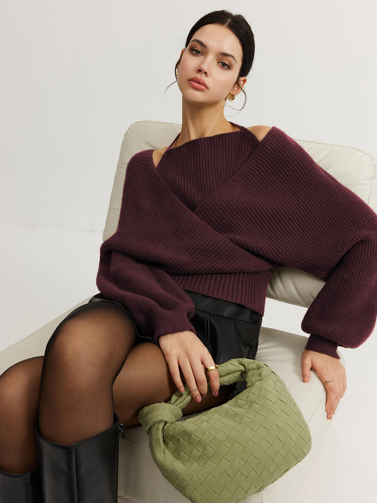 Fudus Knit Halter Top with Batwing Sleeves