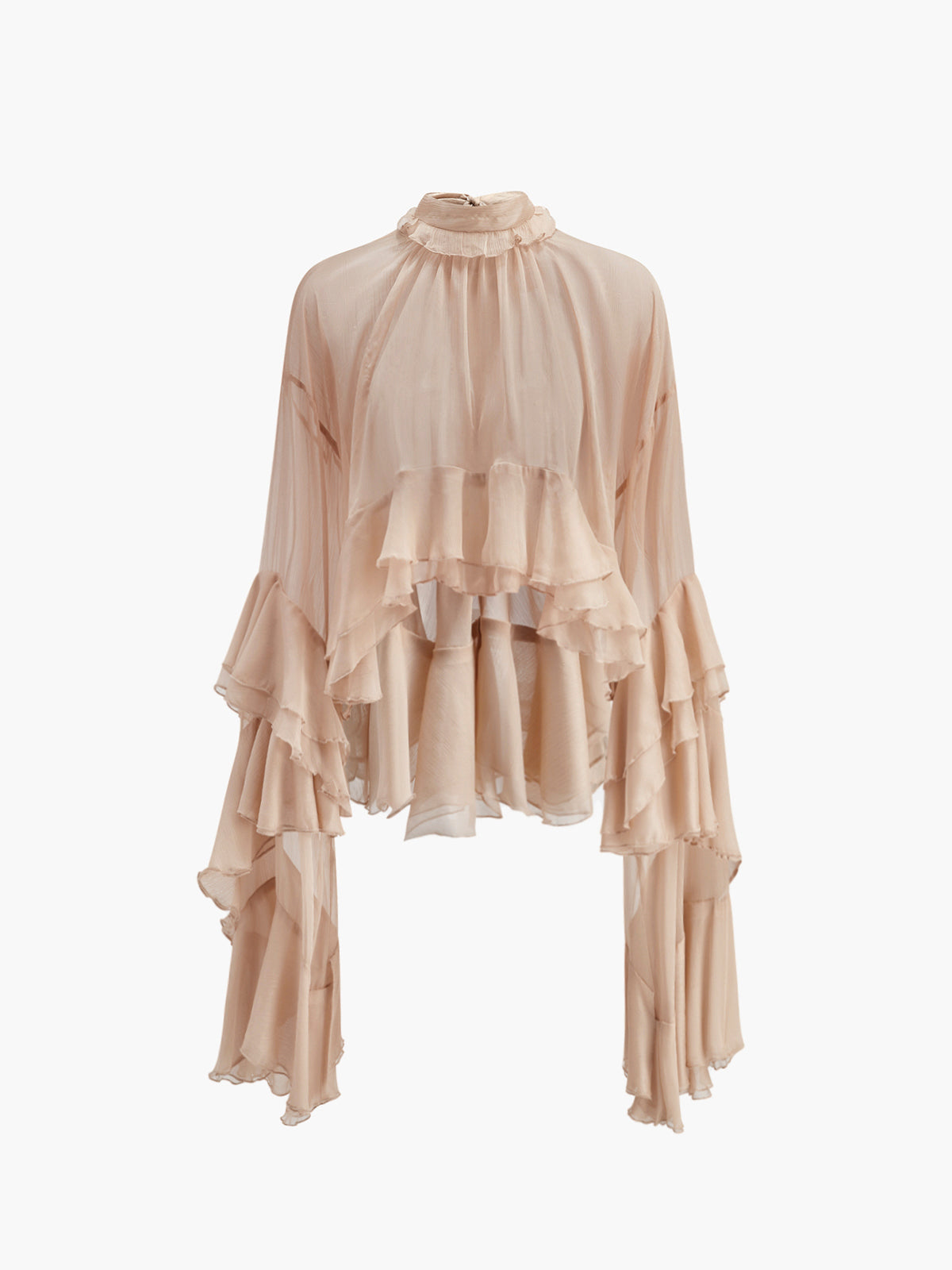 Chiffon Bluse mit durchsichtigem Rollkragen und Rüschen von Fudus