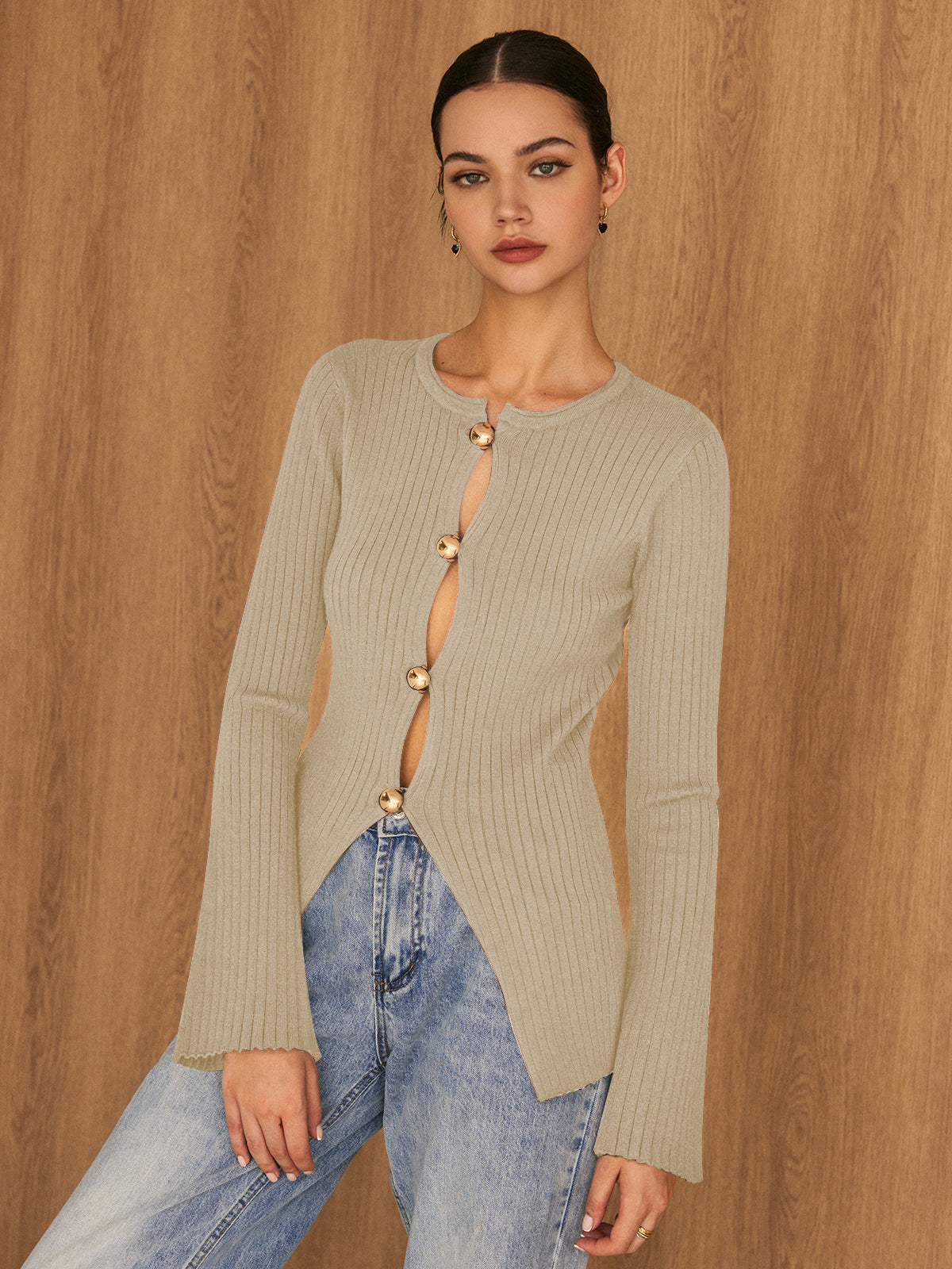 Fudus Knitted Top with Gold Button Detail
