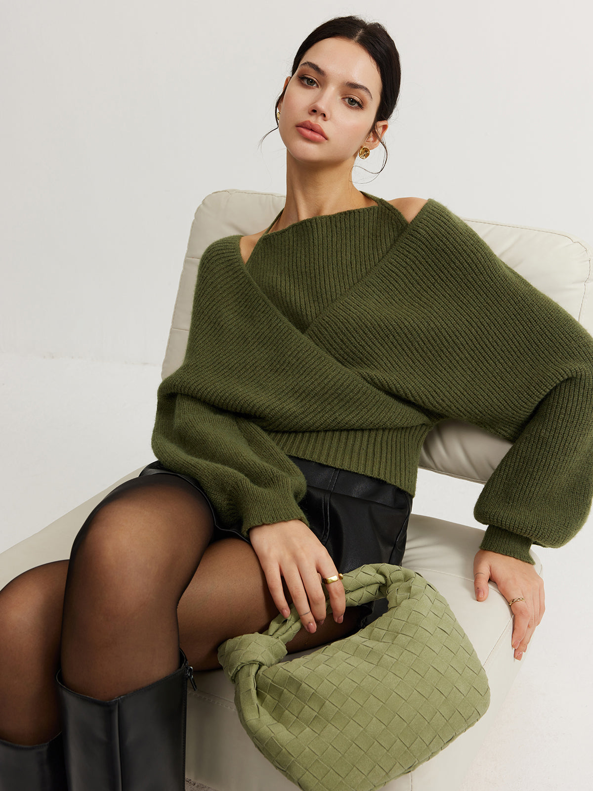 Fudus Knit Halter Top with Batwing Sleeves