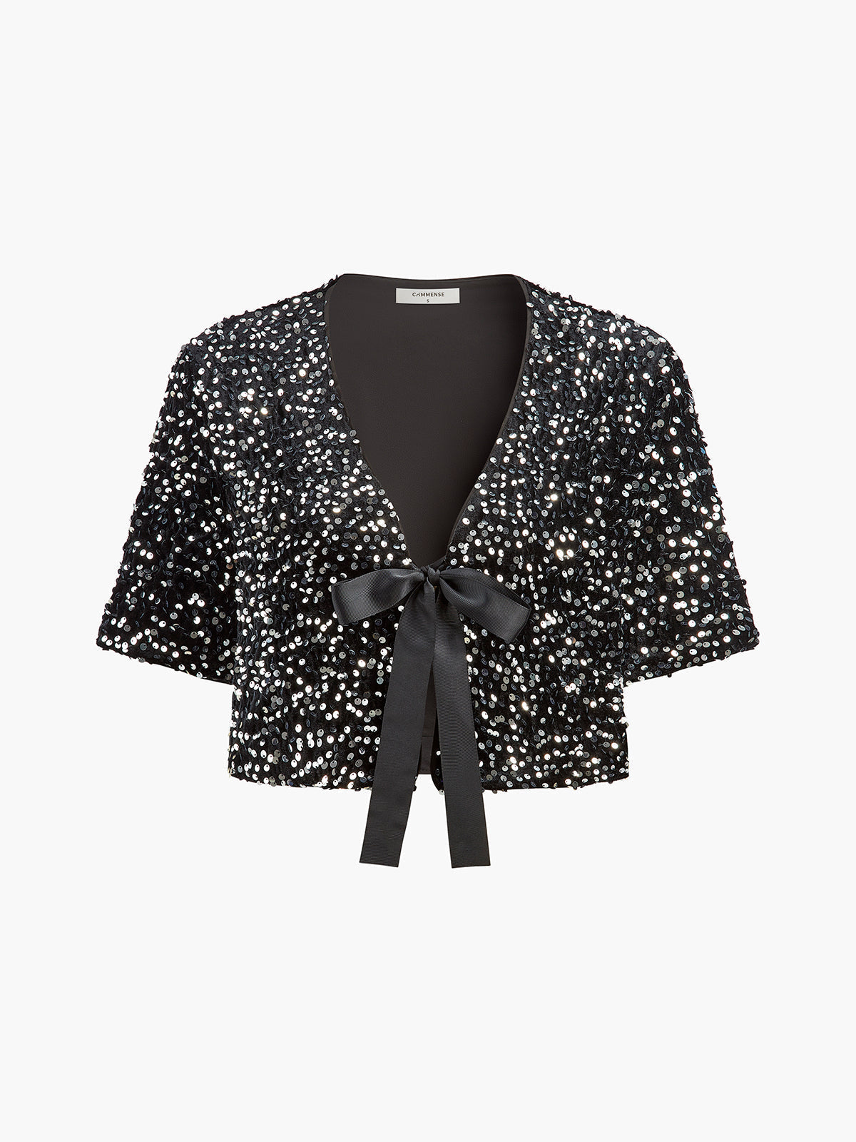 Pailletten-Bluse mit V-Ausschnitt und Schleife von Fudus