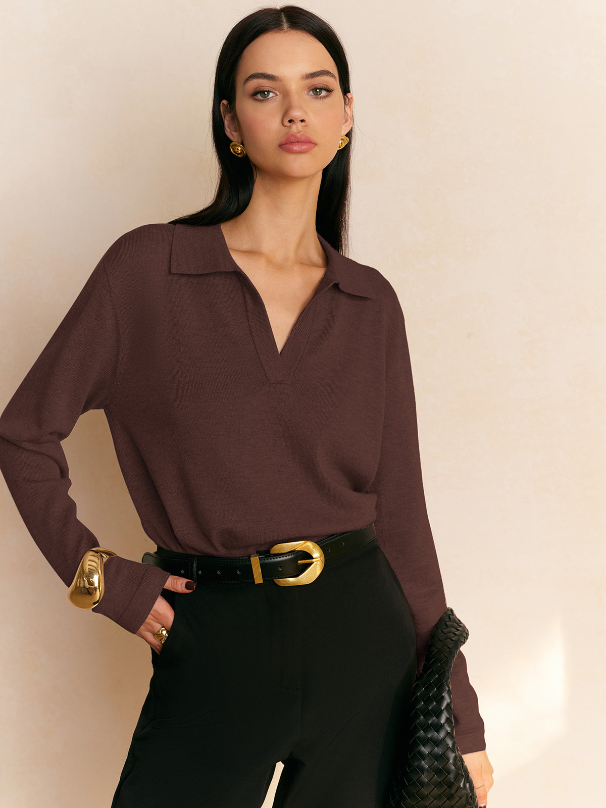 Damen Polopullover im Old-Money-Stil mit V-Ausschnitt