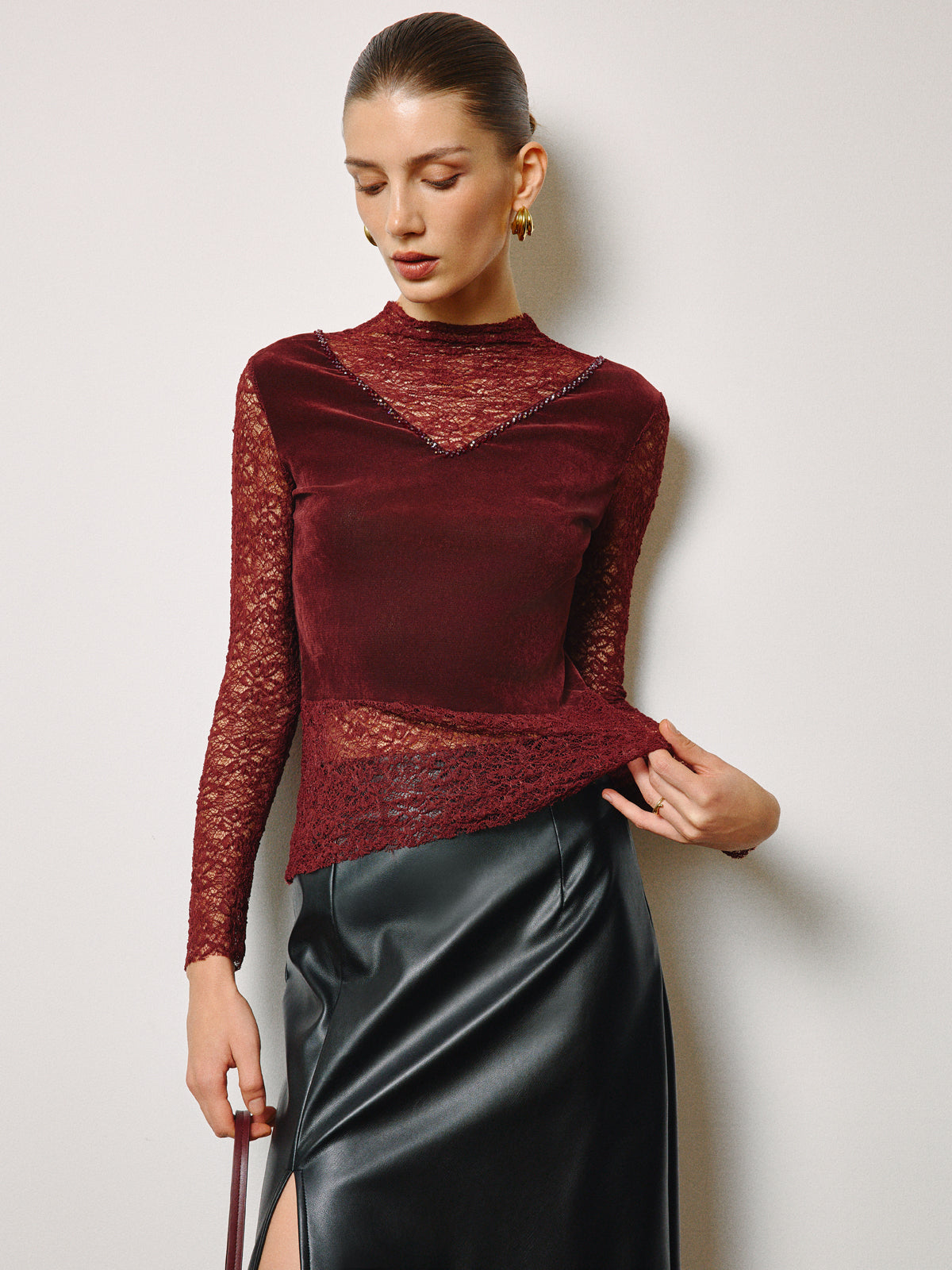 Elegant Sheer Rhinestone Velvet Panel Slim Top by Fudus