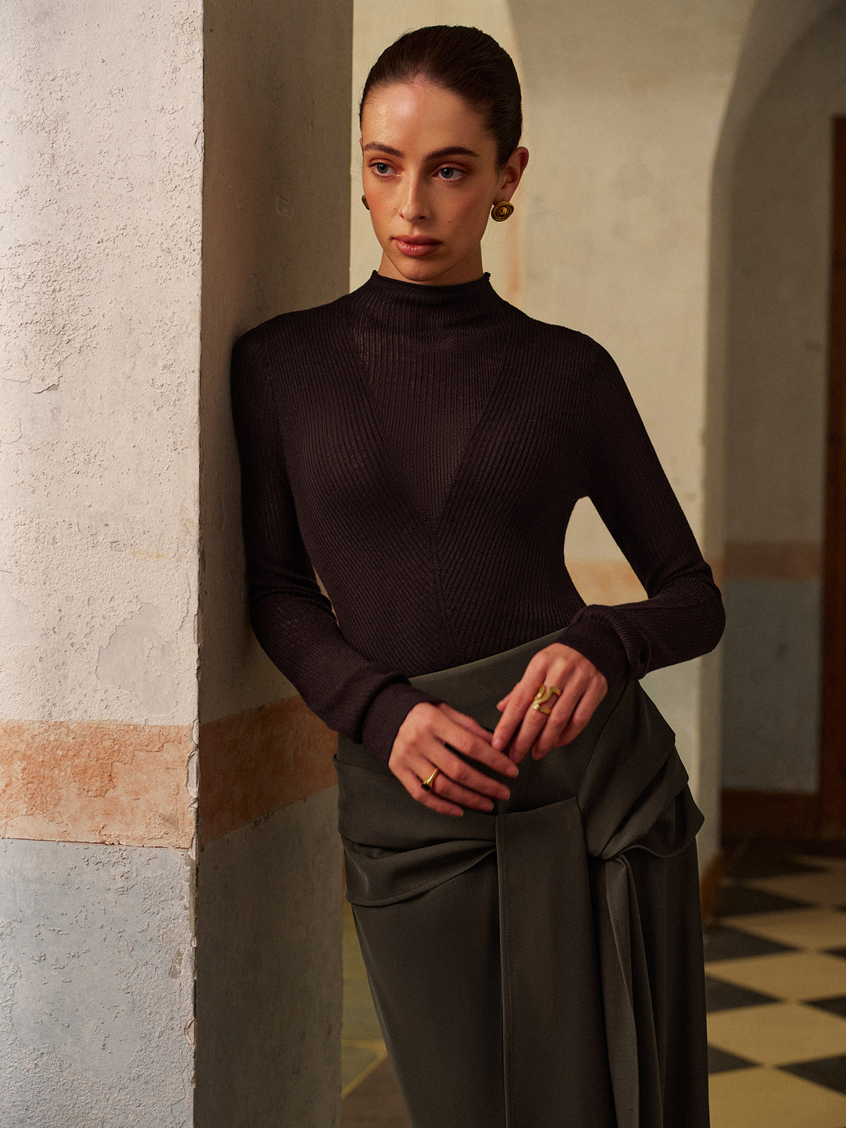 Fudus Semi-Sheer Ribbed Knit Top in Wool Blend