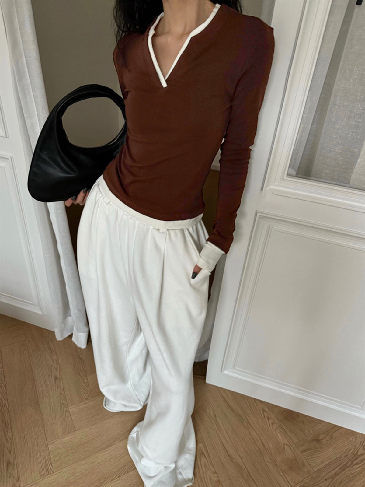 Fudus Jersey Top mit V-Ausschnitt und Kontrastbesatz (2er-Set)