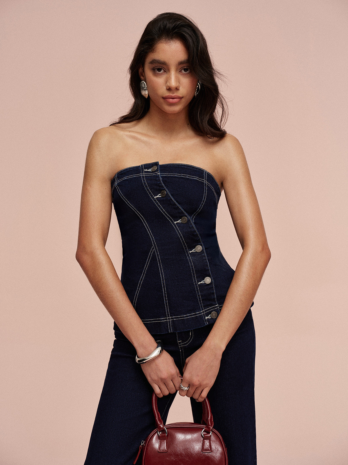 Denim Button-Up Top, Strapless