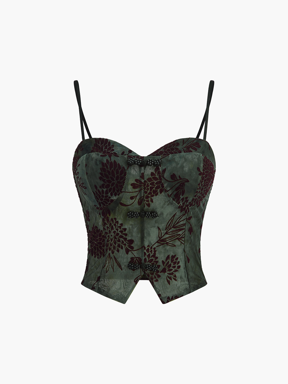 Fudus Velvet Cami Top with Semi-Sheer Button Detail and Floral Print