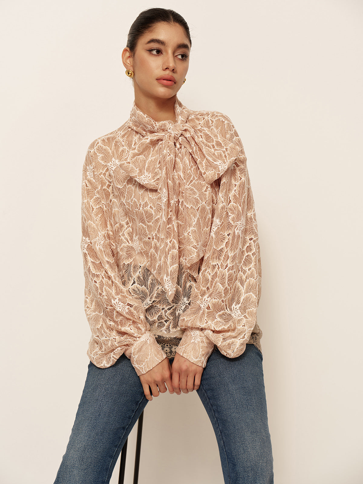 Fudus Semi-Sheer Bow-Front Lace Blouse