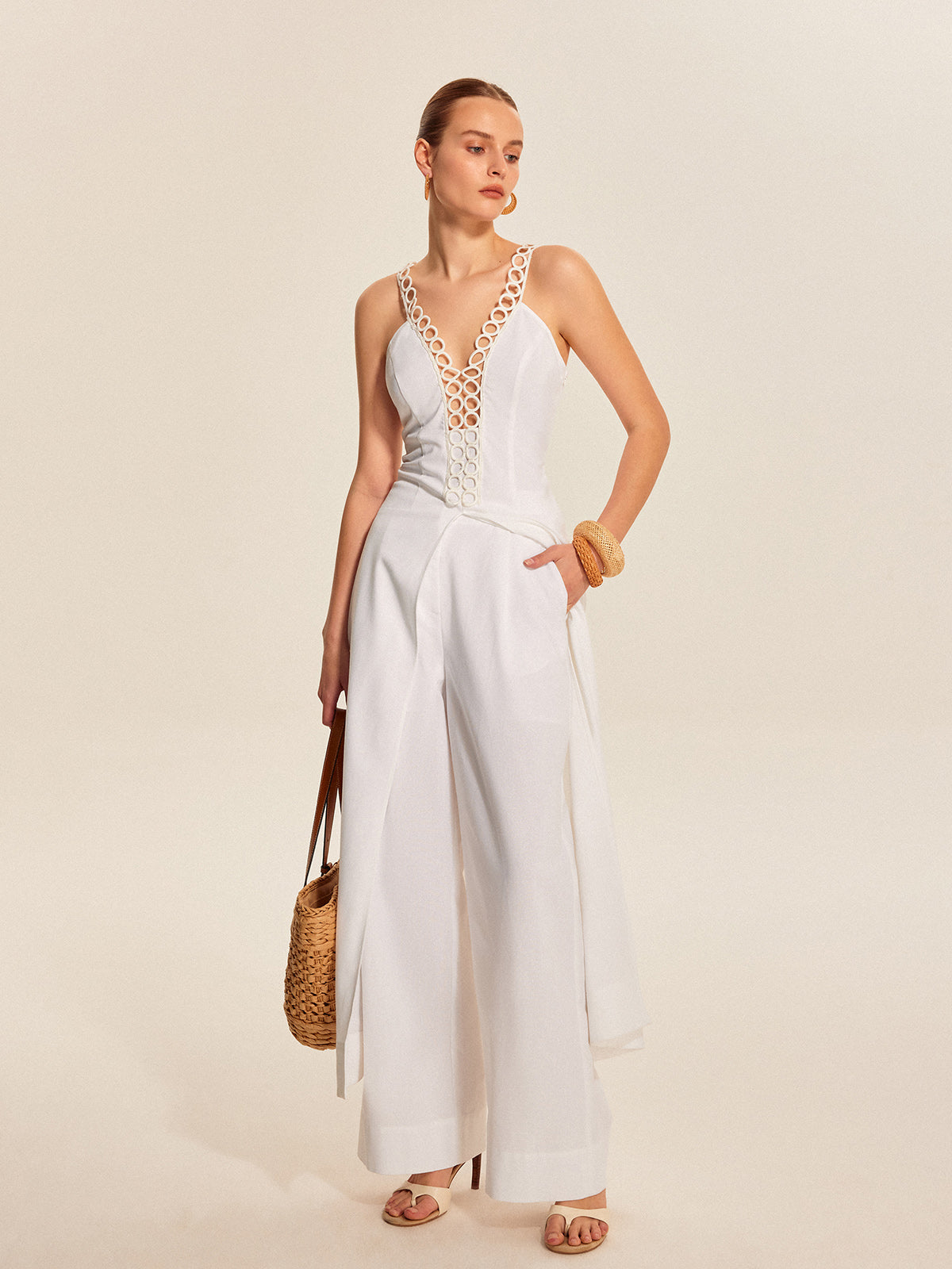 Fudus Hollow-Out Lace-Up V-Neck Top