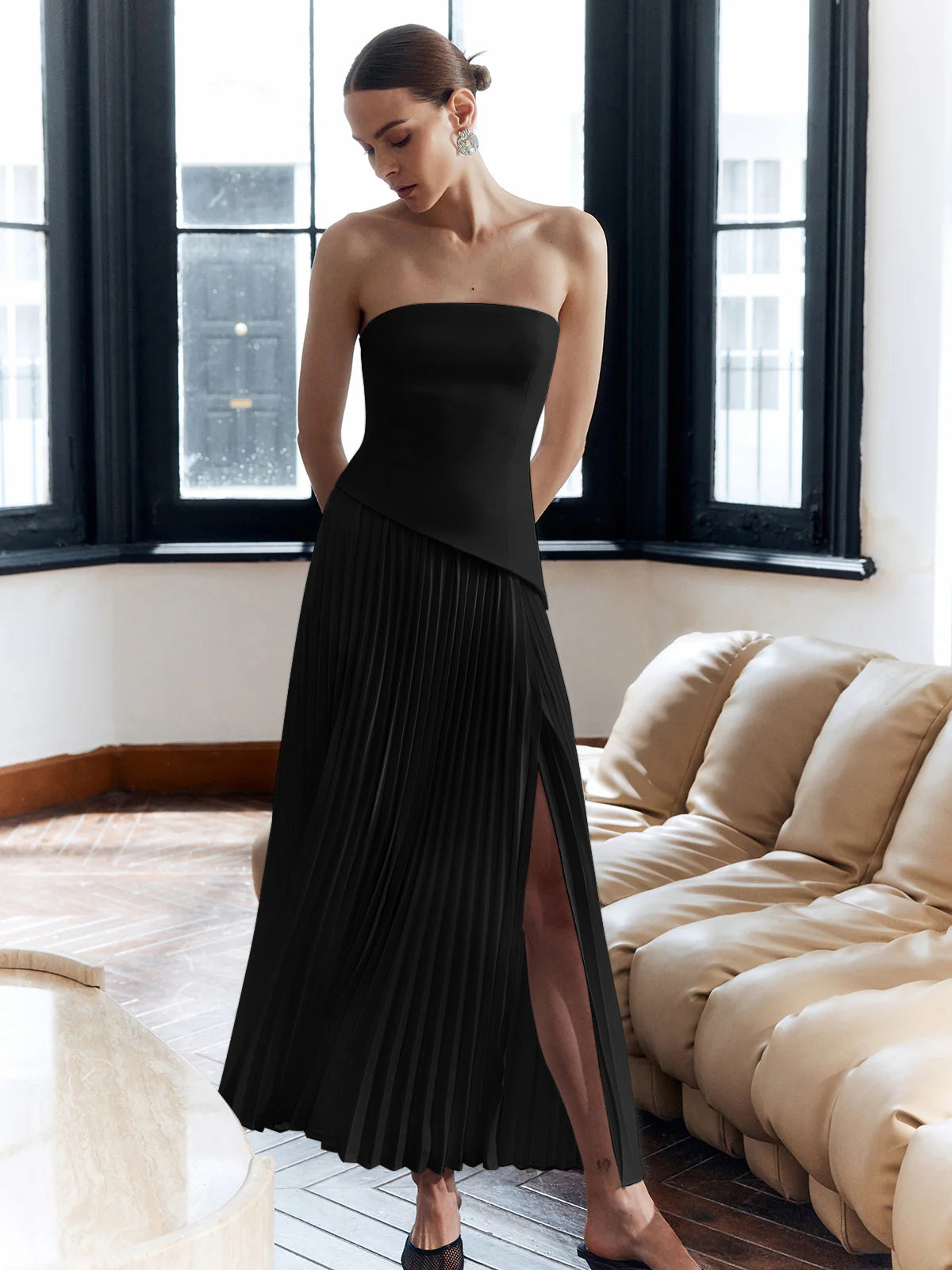 Maxikleid ohne Träger mit Schlitz für Damen