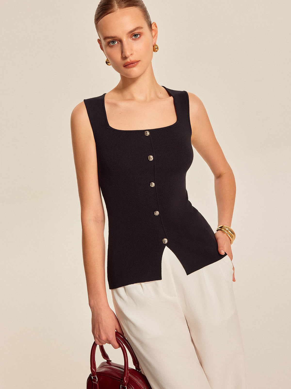 Fudus Rectangular Neckline Button-Front Top