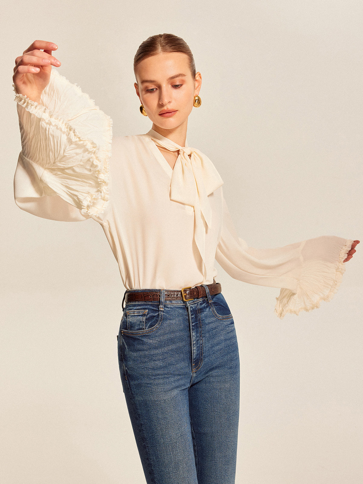 Chiffon Blouse with Semi-Sheer Bow Knot and Pleated Cuffs by Fudus