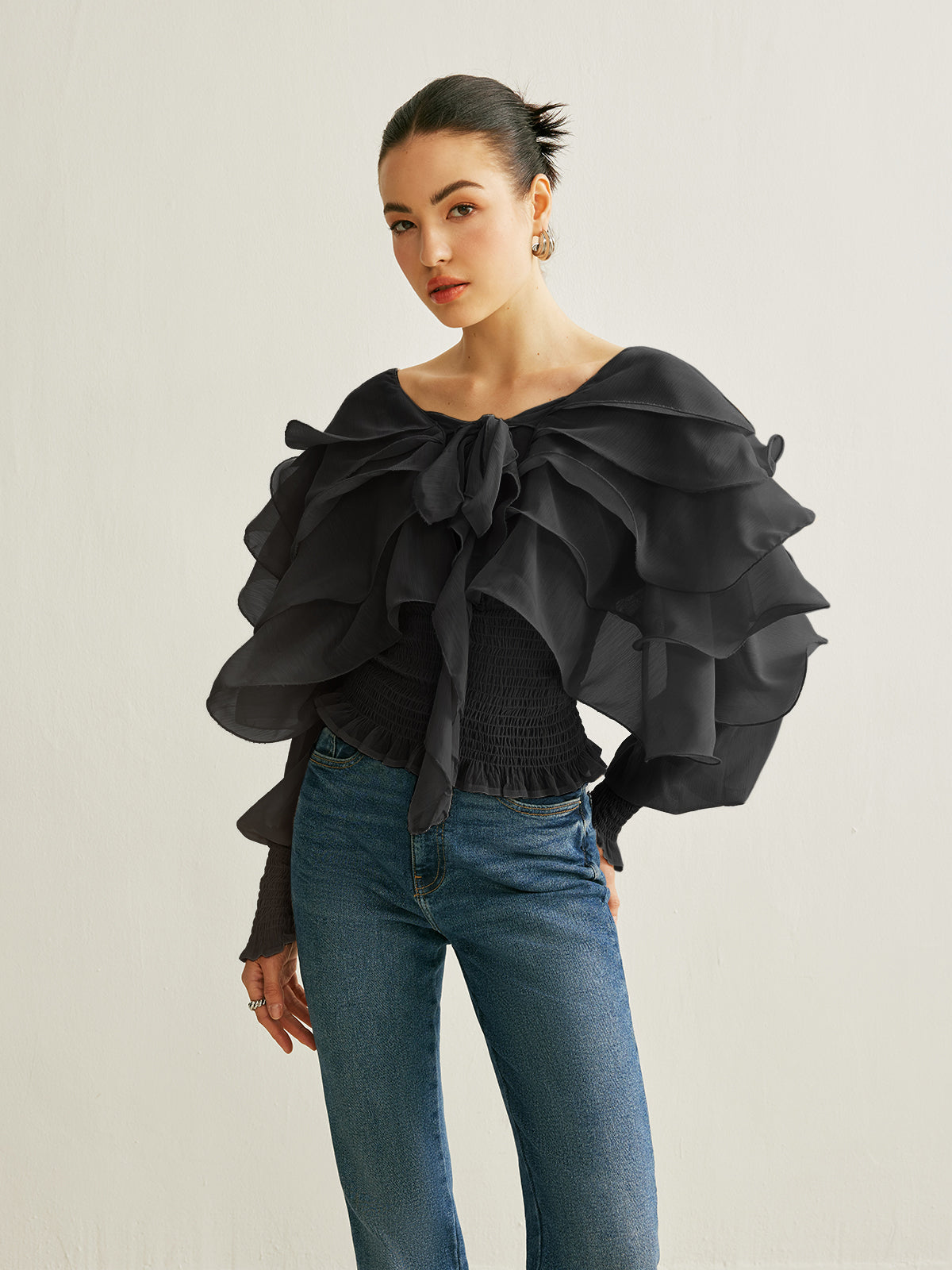 Chiffon Top mit Rüsche, halbtransparenter Rücken